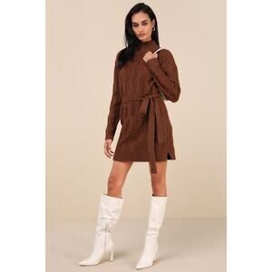 Warmed Up To You Brown Cable Knit Mock Neck Sweater Dress